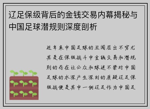 辽足保级背后的金钱交易内幕揭秘与中国足球潜规则深度剖析 辽足保级背后的金钱交易内幕揭秘与中国足球潜规则深度剖析